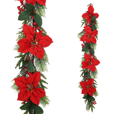 Dekoratyvinė eglės girlianda su puansetijomis 120 cm 8445393655765 KLD